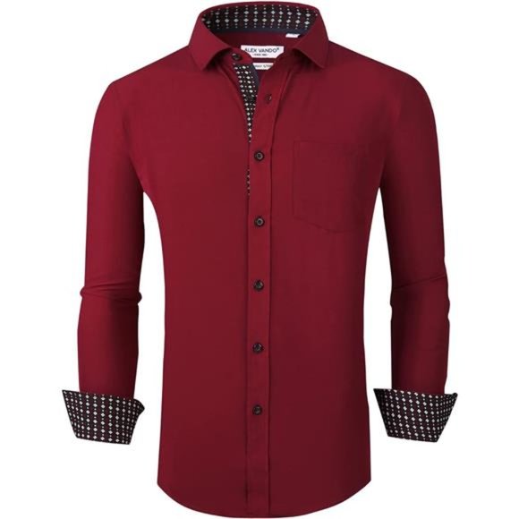 Mens Dress Shirt Wrinkle Free Regular Fit 4-Way Stretch Burgundy Shirts